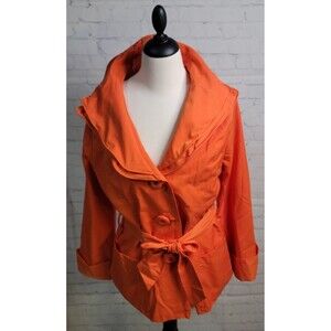 Luii Women's Jacket Sz M Orange Belted Button Up Double Ruffled Collar Tie Belt